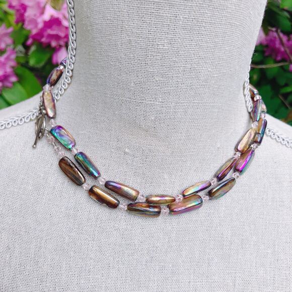 Y2K Iridescent Stick Pearl Necklace AB Resin Beads Long Layering Toggle Clasp - Picture 2 of 11